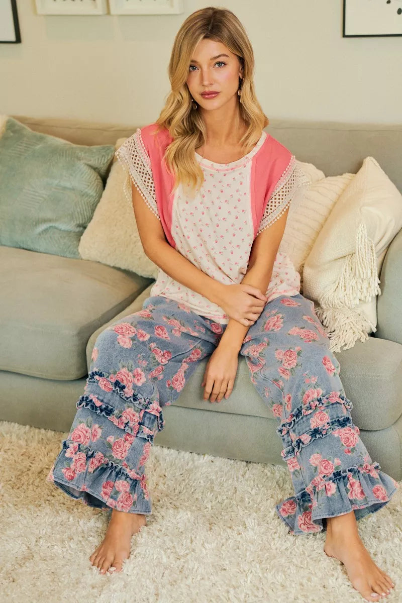 BiBi Washed Floral Denim With Ruffle Elastic Wide Pants
