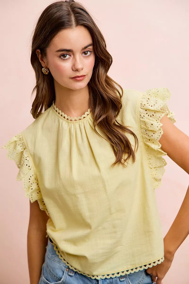 BiBi Cotton Solid Ruffle Sleeve Lace Detail Blouse Top