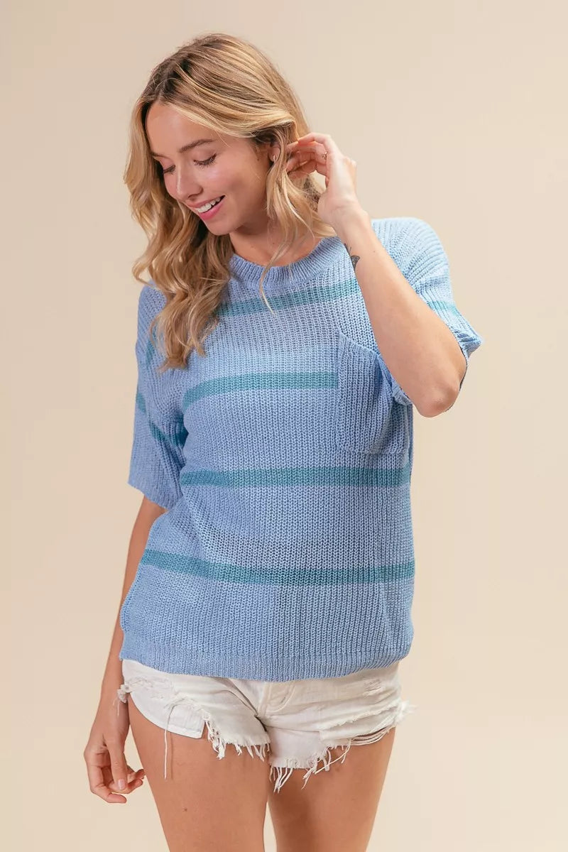 BiBi Patch Pocket Striped Lightweight Sweater Top