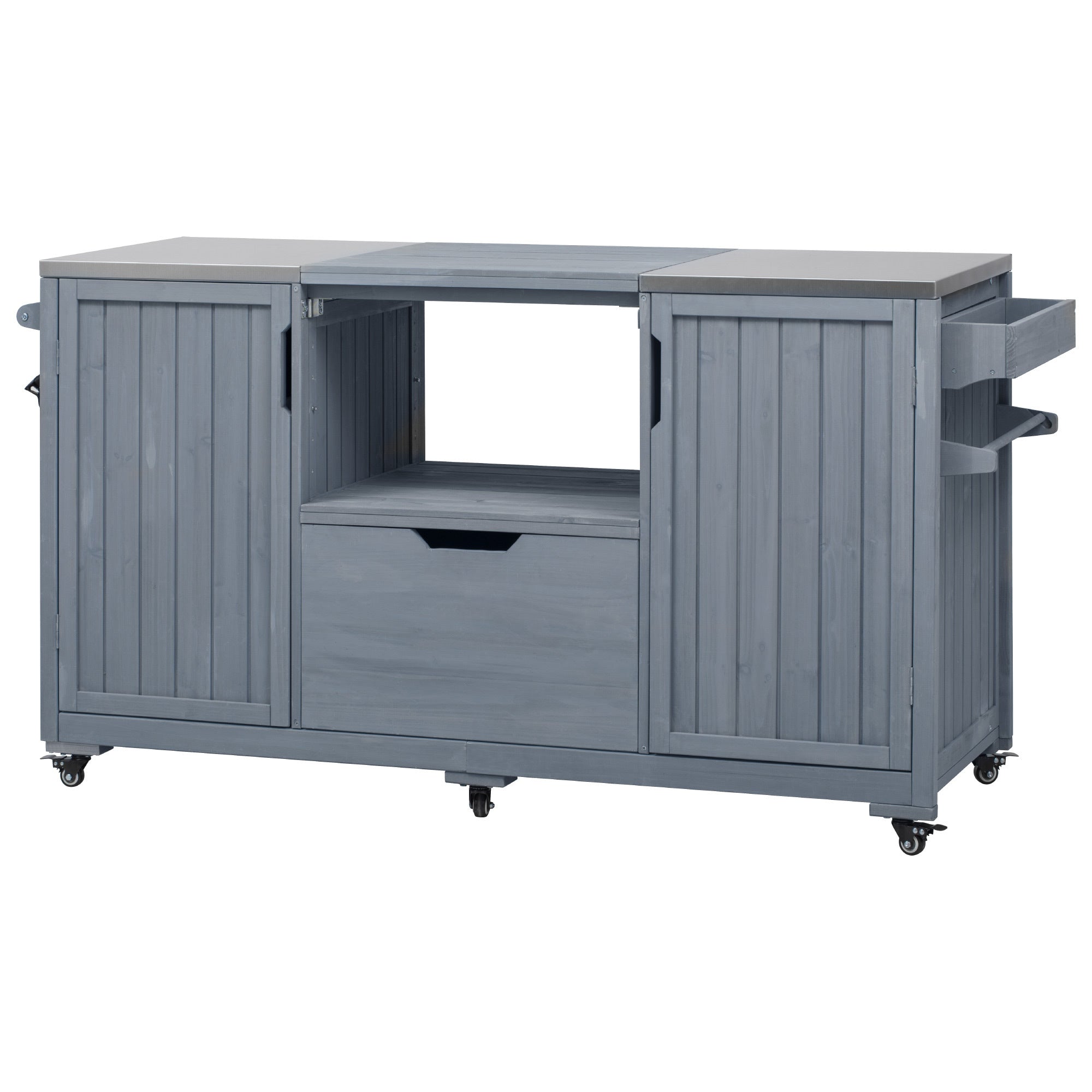 K&K 66.5' Outdoor Kitchen Island for Big Green Egg Grills, Solid Wood Outdoor Grill Cart for Tabletop Grill with Stainless Steel Top, Drawer, Compatible with Large Big Green Egg, Kamado Joe- Grey Blue