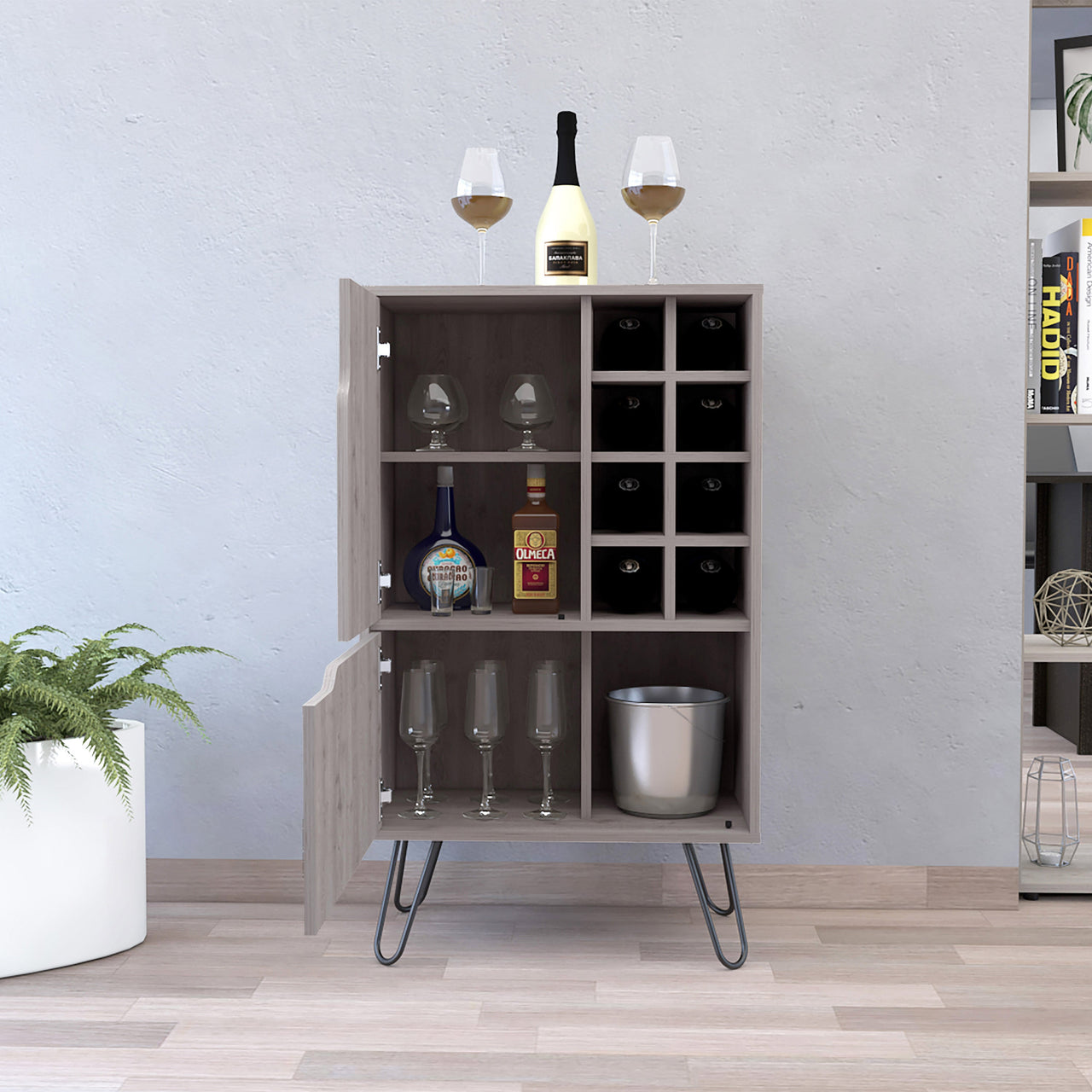 Sheffield L Bar C, Two Cabinet, Hairpin Legs, Eight Cubbies For liquor