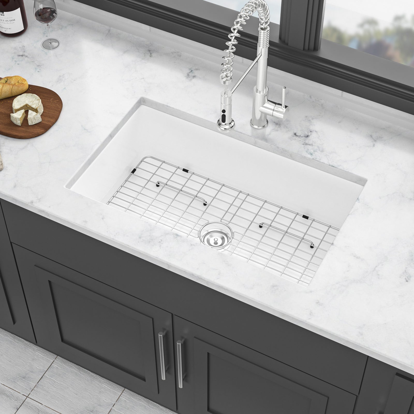 White Fireclay Rectangular Deep Single Bowl Sink 32x19x10 Inch Undermount Top Mount Porcelain Kitchen Sink