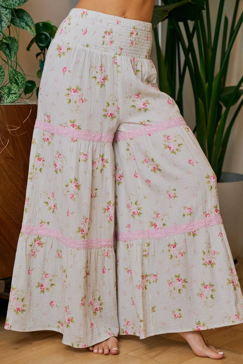 BiBi Rose Printed Gauze Trim Detail Smocked Maxi Pants