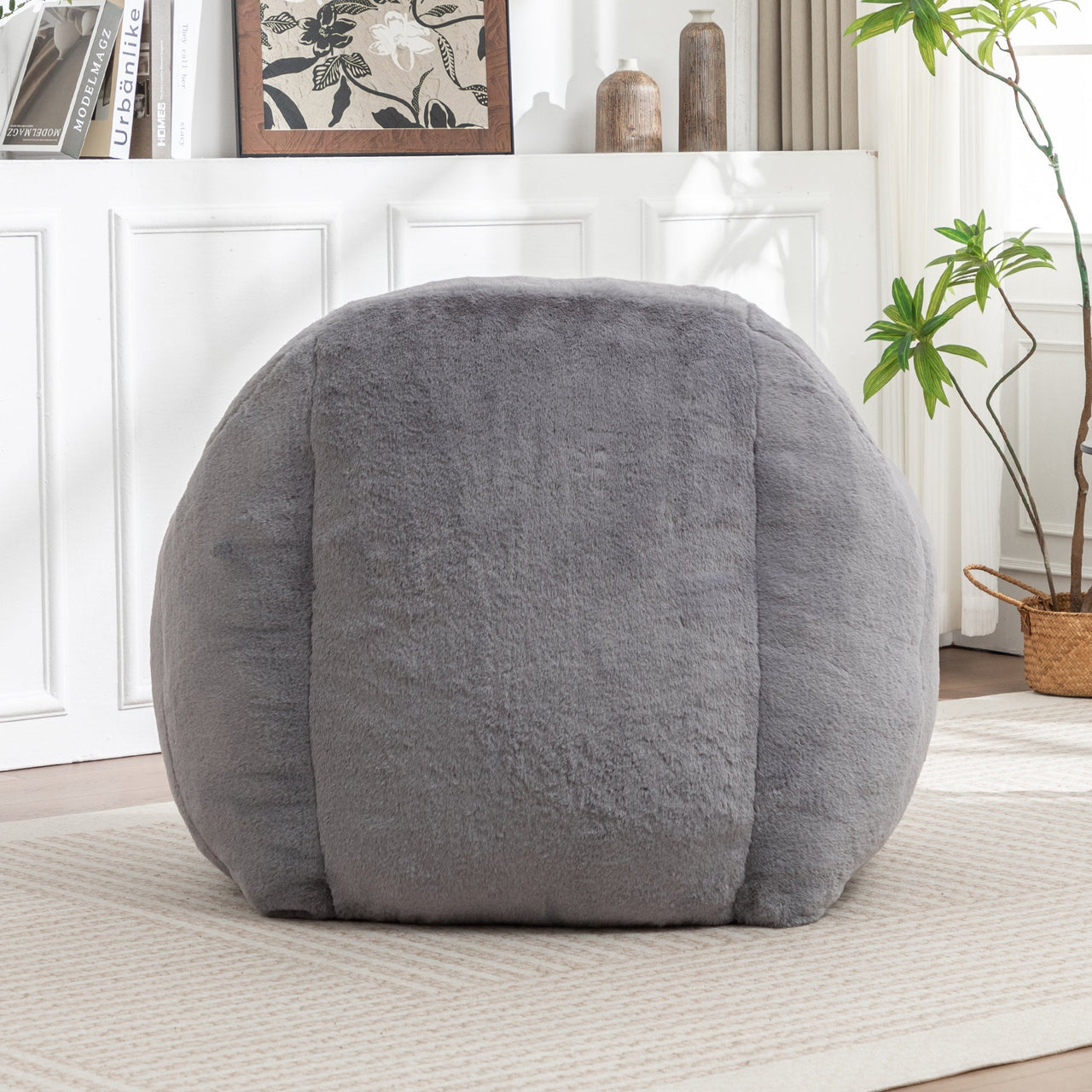 Bean Bag Chair, Comfy Bean Bag Sofa with Back Support, Faux Fur Bean Bag Chair for Adults and Kids, Stuffed Floor Sofa for Living Room, Bedroom, Apartment, Grey