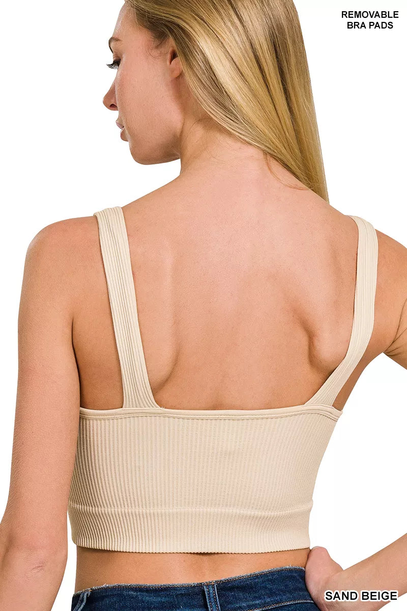 Zenana Seamless Ribbed Cropped Bra Padded V-Neck Tank