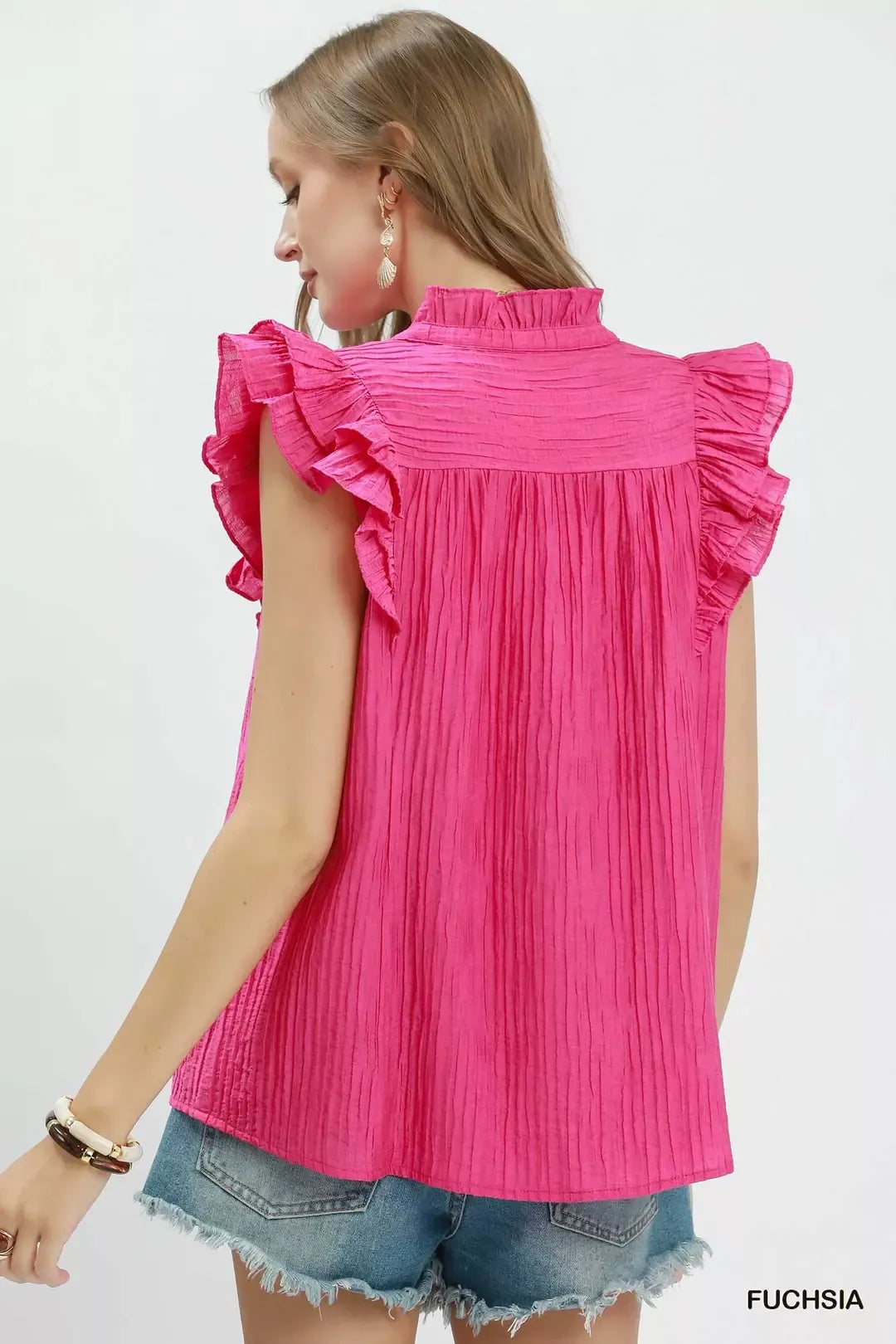 Umgee Textured Ruffle Sleeve Split V Neck Top