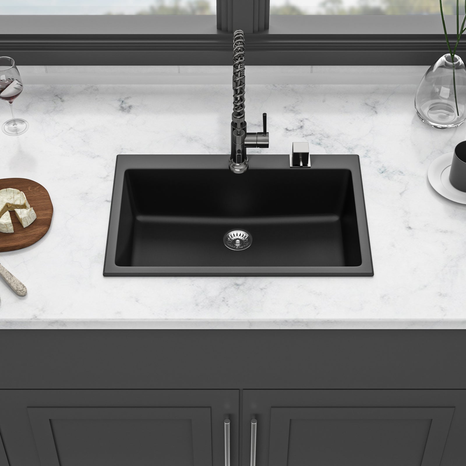 Quartz Kitchen Sink - 33' x 22' Black Granite Composite Drop-In Sink with Durable Construction