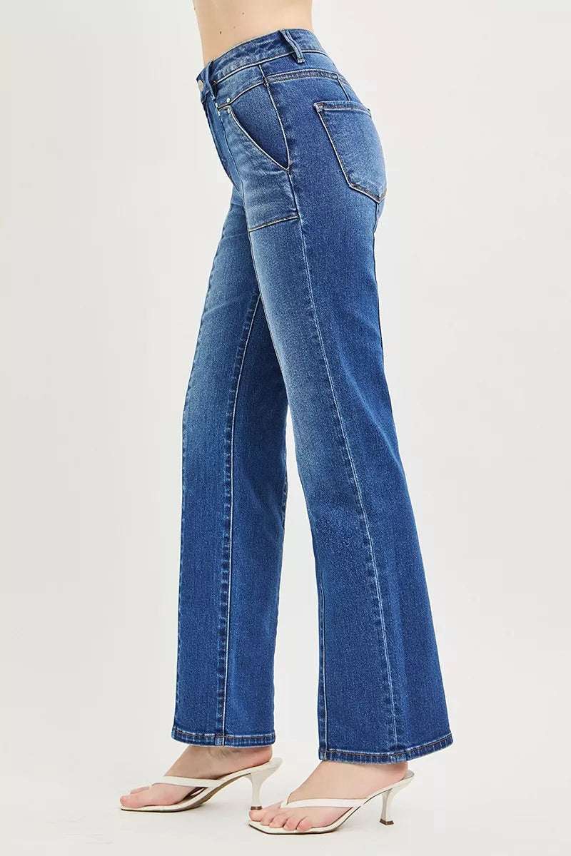 RISEN High Rise Straight Patch Pocket Seamed Jeans