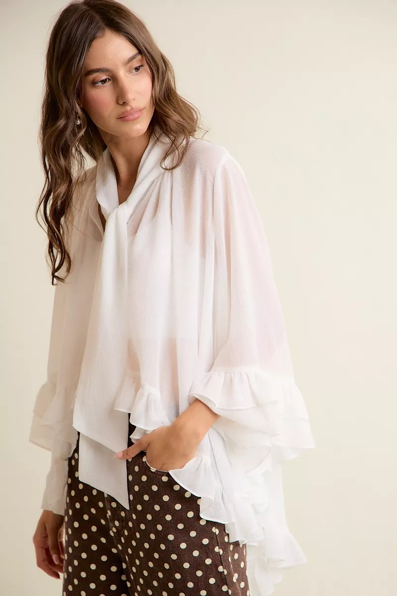 SO ME Sheer Ruffle Bell Sleeves Bow Tie Flowy Blouse Top