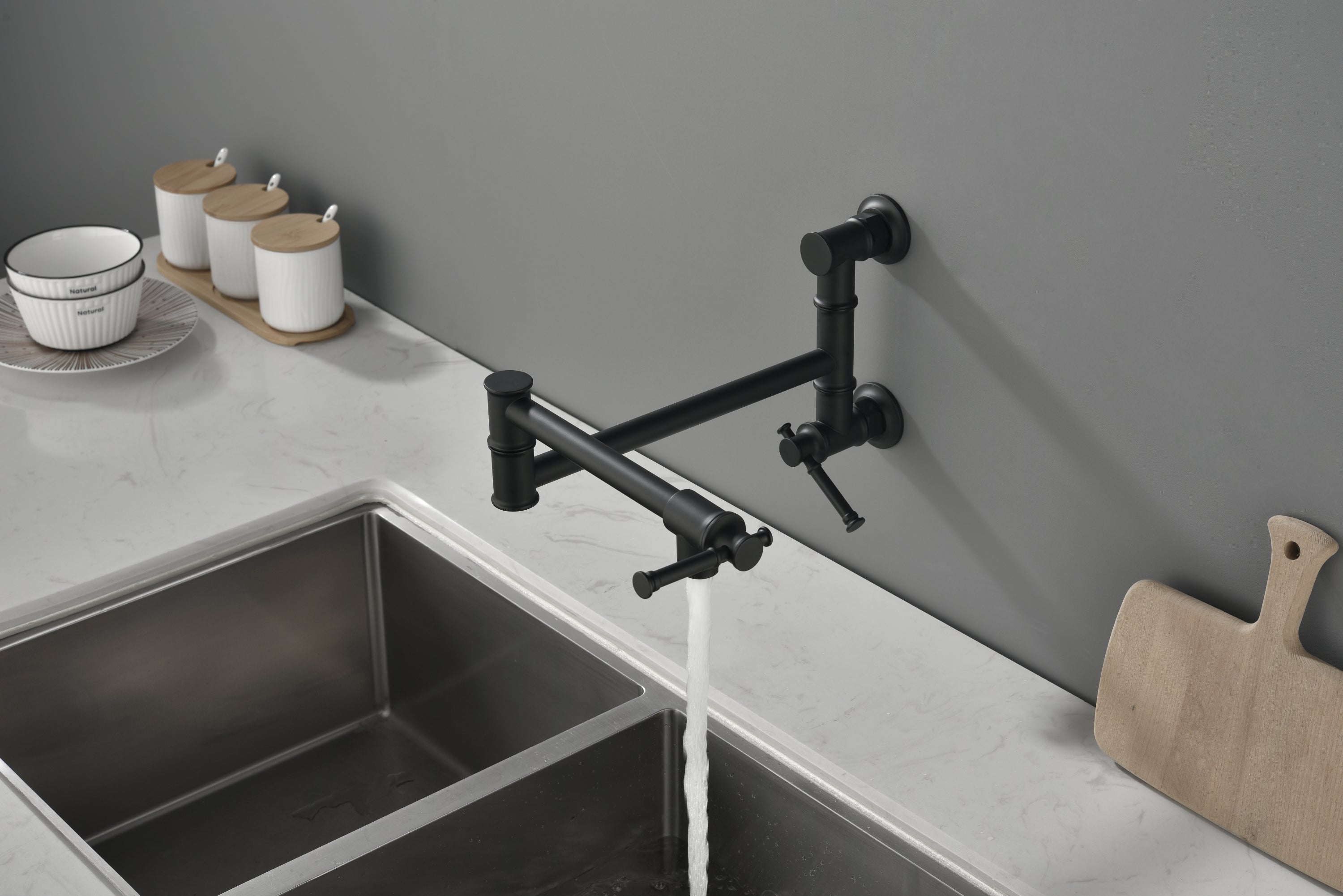 Wall mounted Pot Filler Faucet, Modern Brass Pot Filler Two-Attachment Wall Mount Folding Kitchen Pot Filler Swing Arm