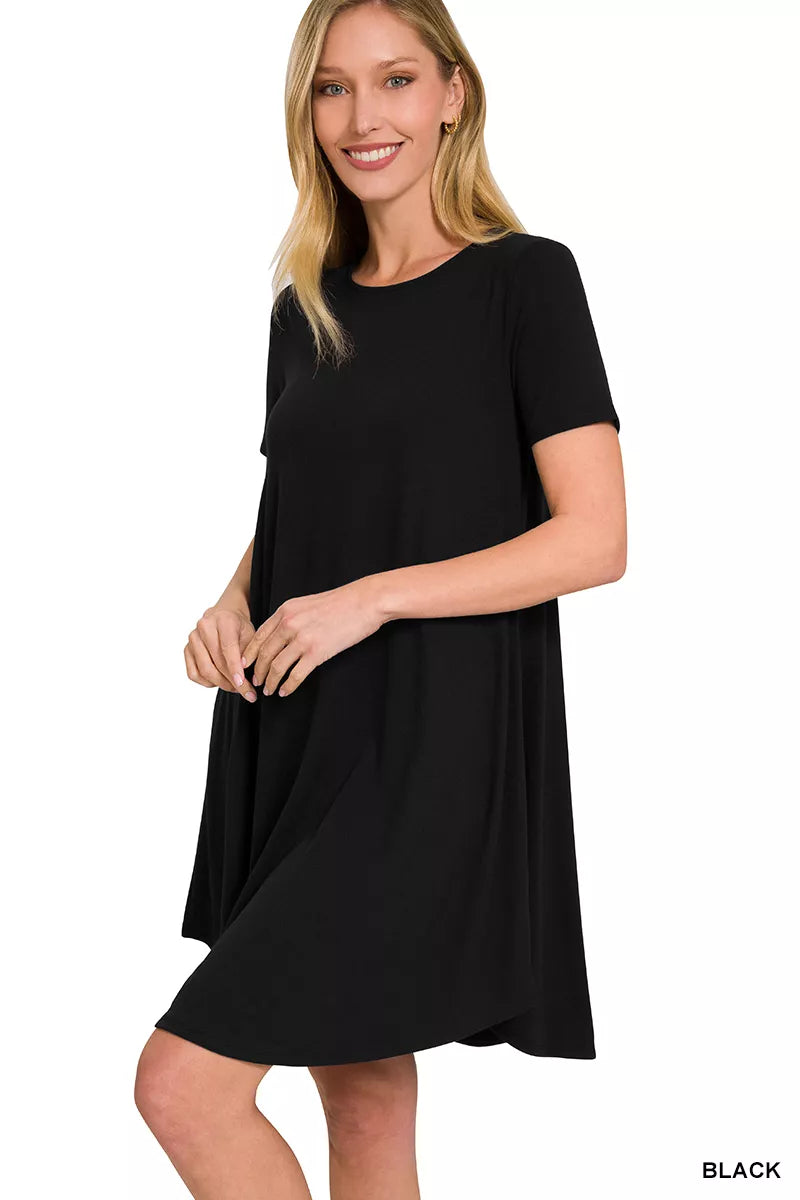 Zenana Short Sleeve Round Hem A-Line Dress with Side Pockets