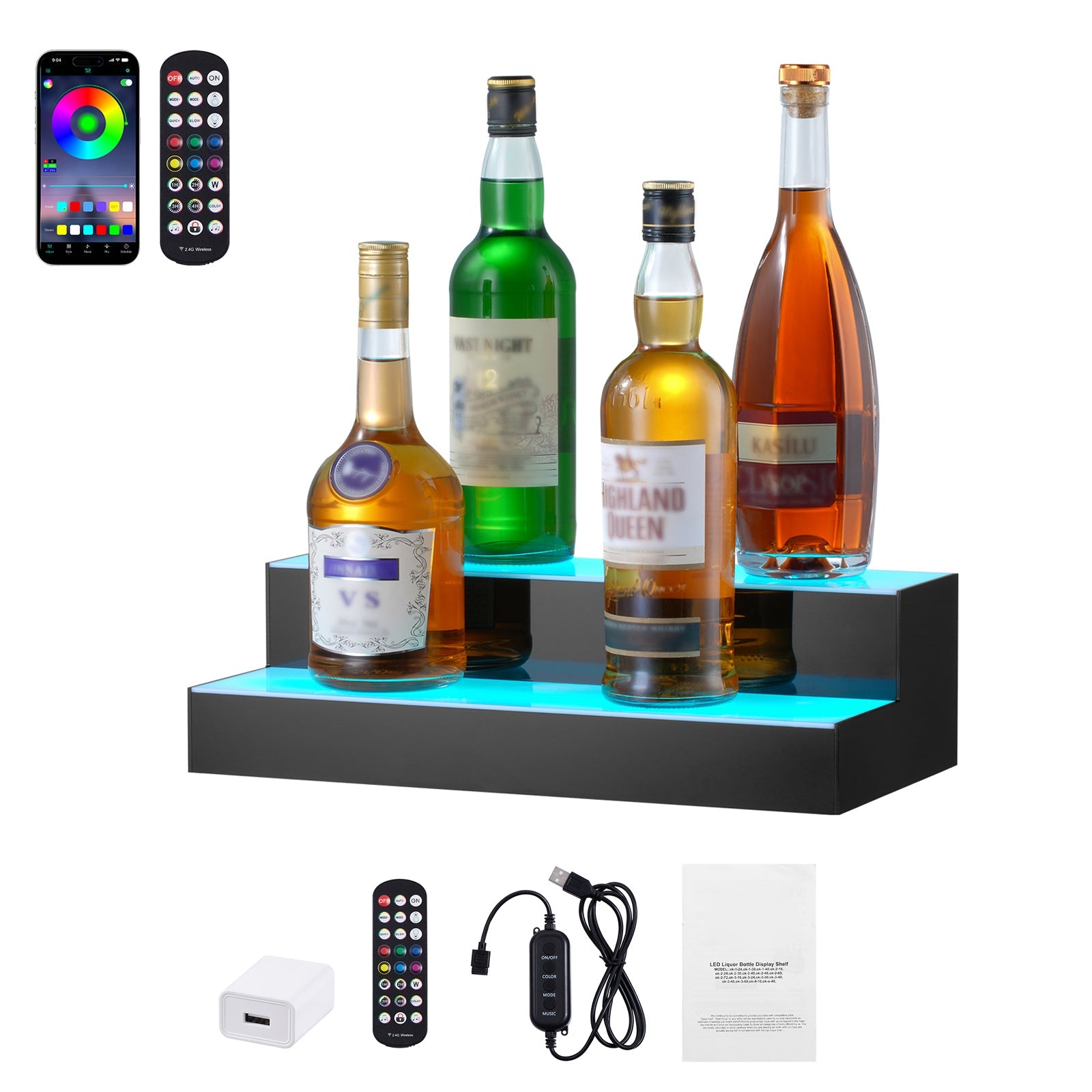 LED Lighted Liquor Bottle Display Bar Shelf RF & App Control 16' 2-Step
