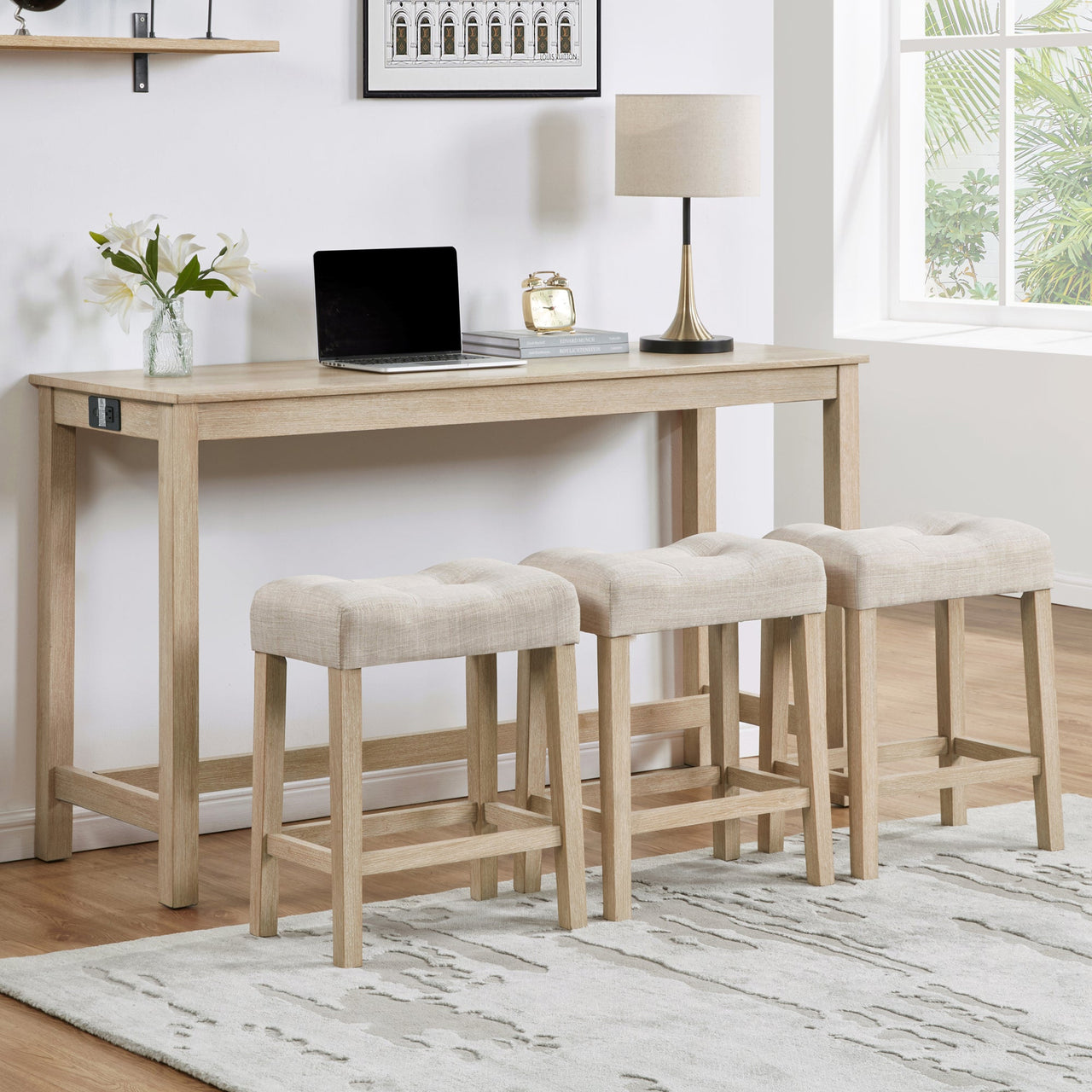 4 Piece Bar Table Set with Power Outlet,Bar Table Set with Chairs,Sofa Bar Table with Stools,Behind Couch Table with 3 Padded Stools for Living Room,Dining room, Light Oak