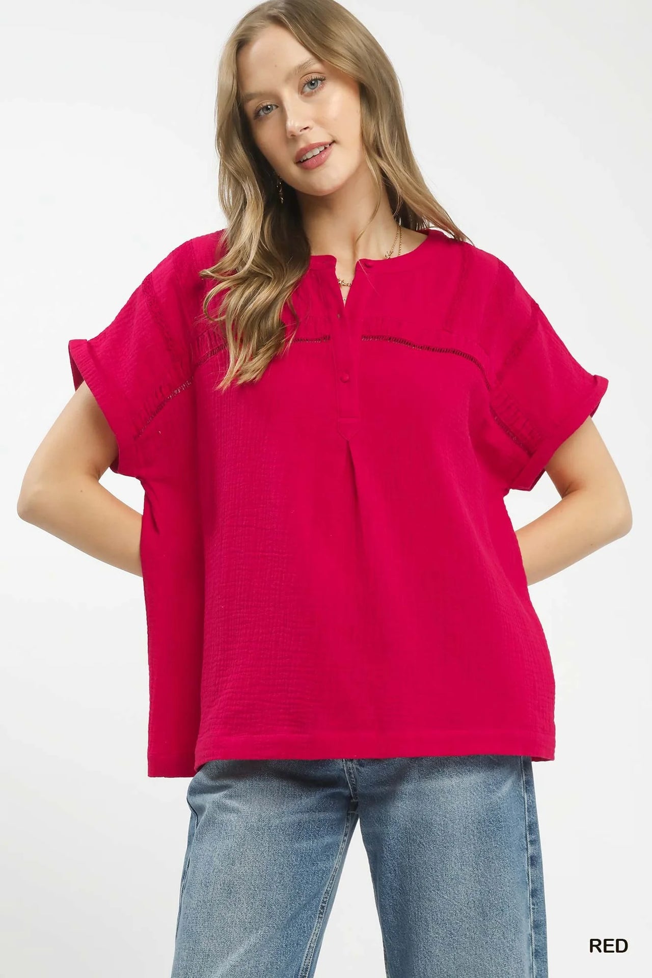 Umgee Textured Gauze Split-Neck Boho Blouse