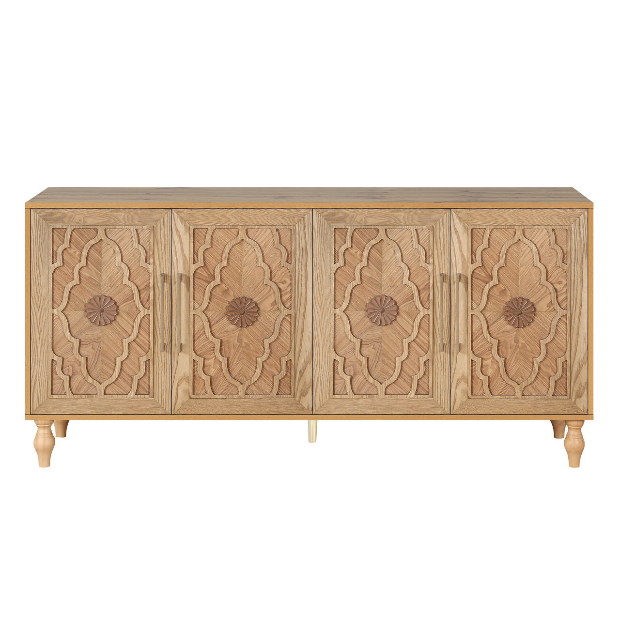 Carved Flower Door Large Storage Cabinet With Metal Handle Suitable For Living Room, Kitchen, Entryway(NATURAL WOOD)
