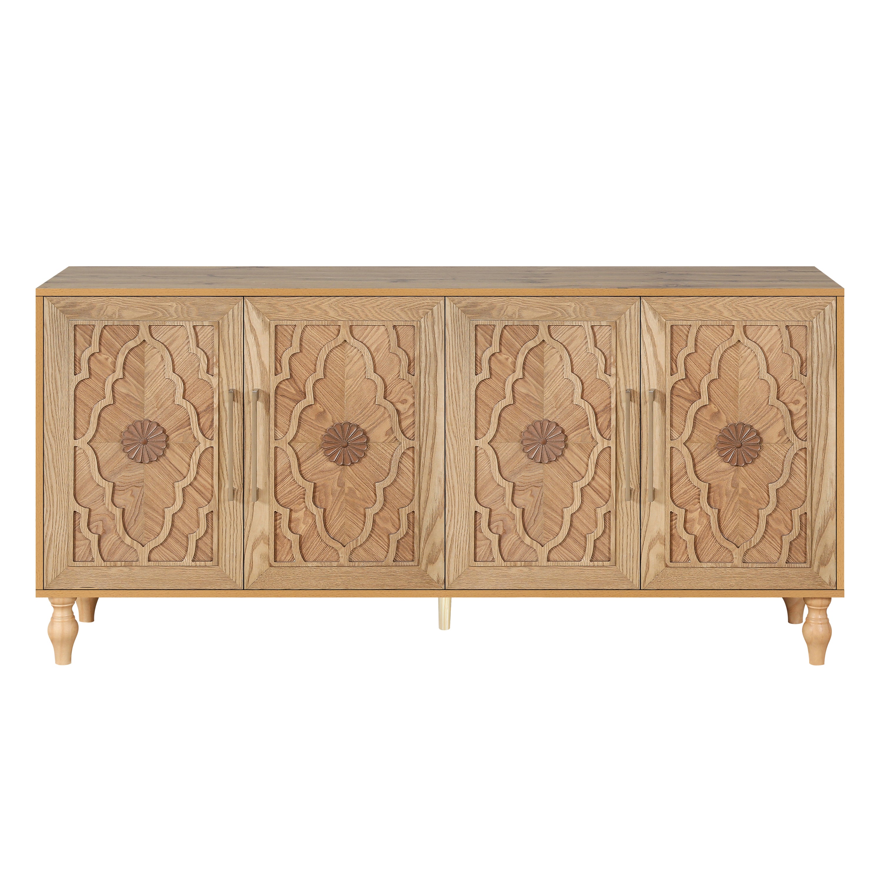 Carved Flower Door Large Storage Cabinet With Metal Handle Suitable For Living Room, Kitchen, Entryway(NATURAL WOOD)