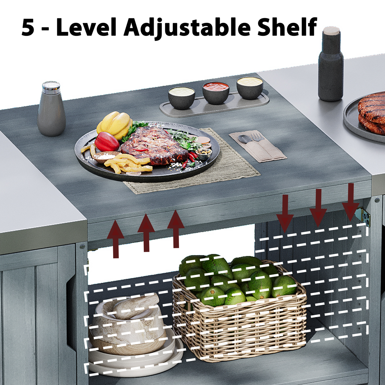 K&K 66.5' Outdoor Kitchen Island for Big Green Egg Grills, Solid Wood Outdoor Grill Cart for Tabletop Grill with Stainless Steel Top, Drawer, Compatible with Large Big Green Egg, Kamado Joe- Grey Blue