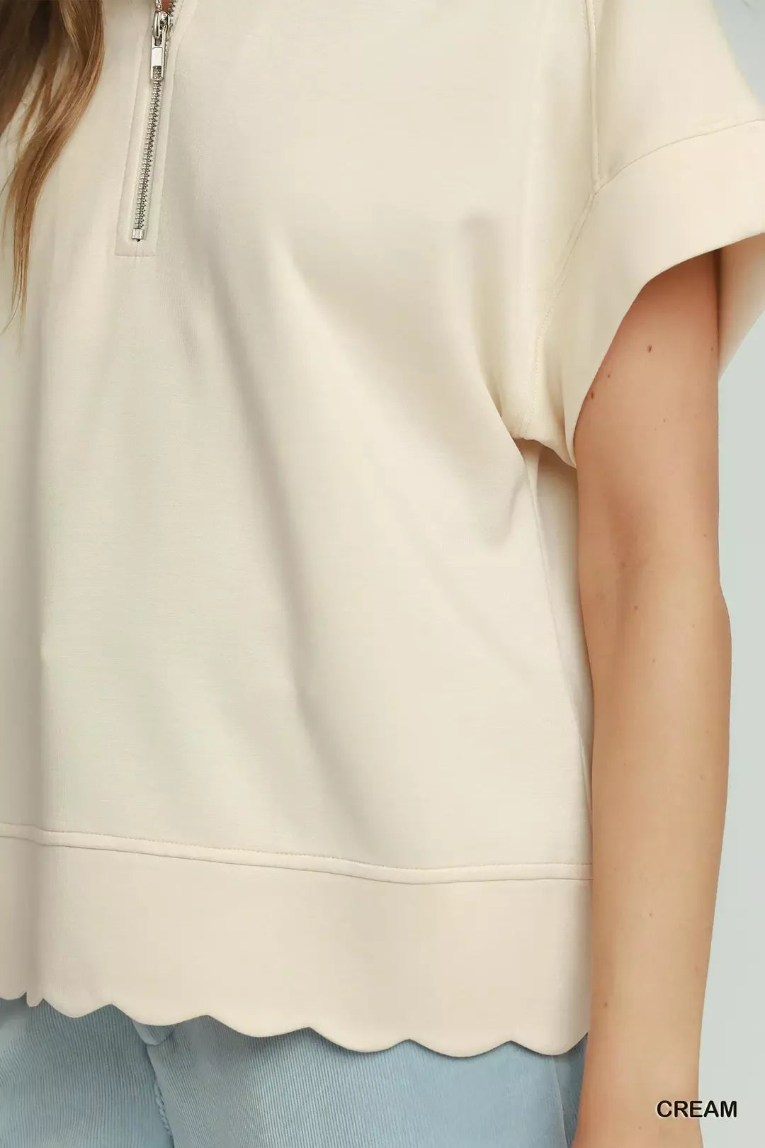 Umgee Half Zip Pullover with Scalloped Edge Hem