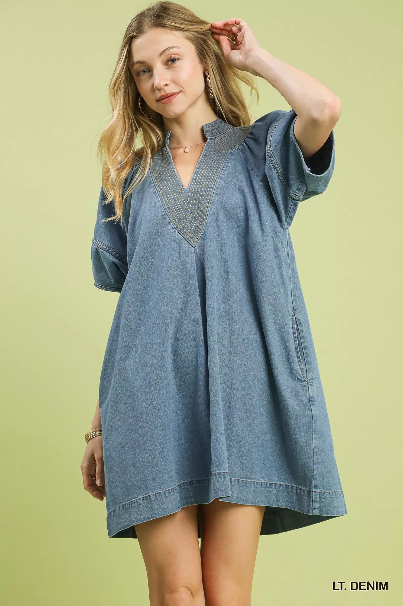 Umgee Denim Mini Dress with Contrast Thread