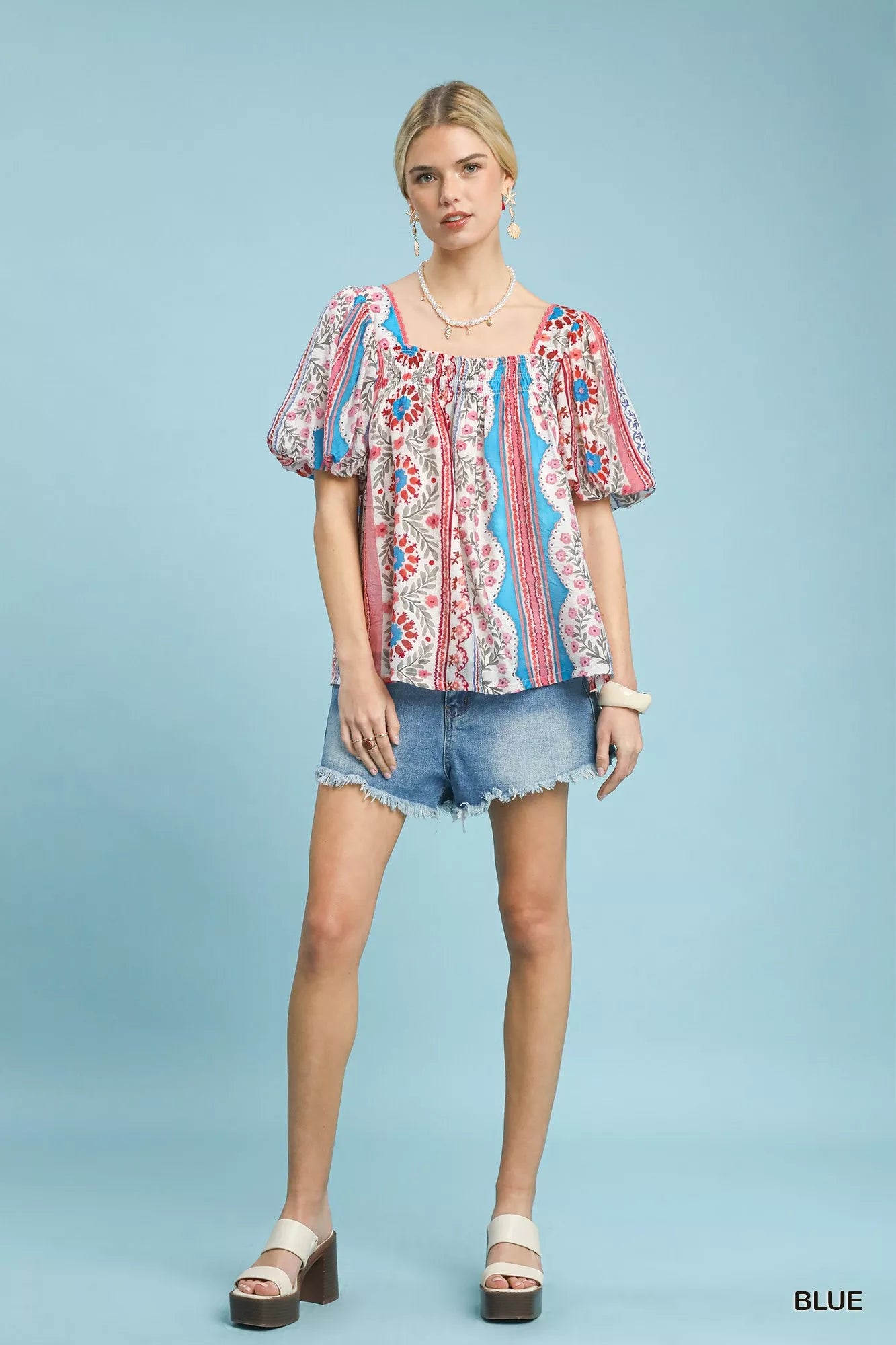 Umgee Patchwork Puff Sleeve Smocked Blouse