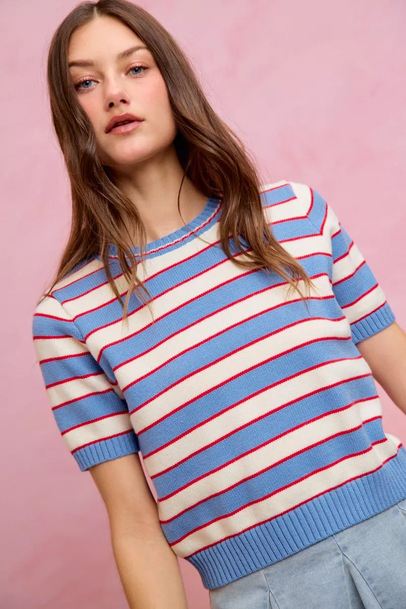 SO ME Stripe Knit Crew Neck Short Sleeves Sweater Top
