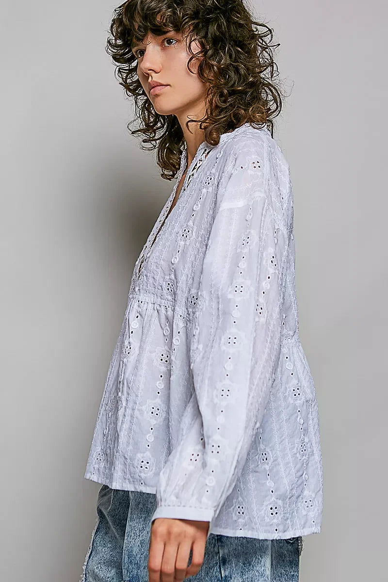 POL Lace Eyelet Long Sleeve Cotton Blouse