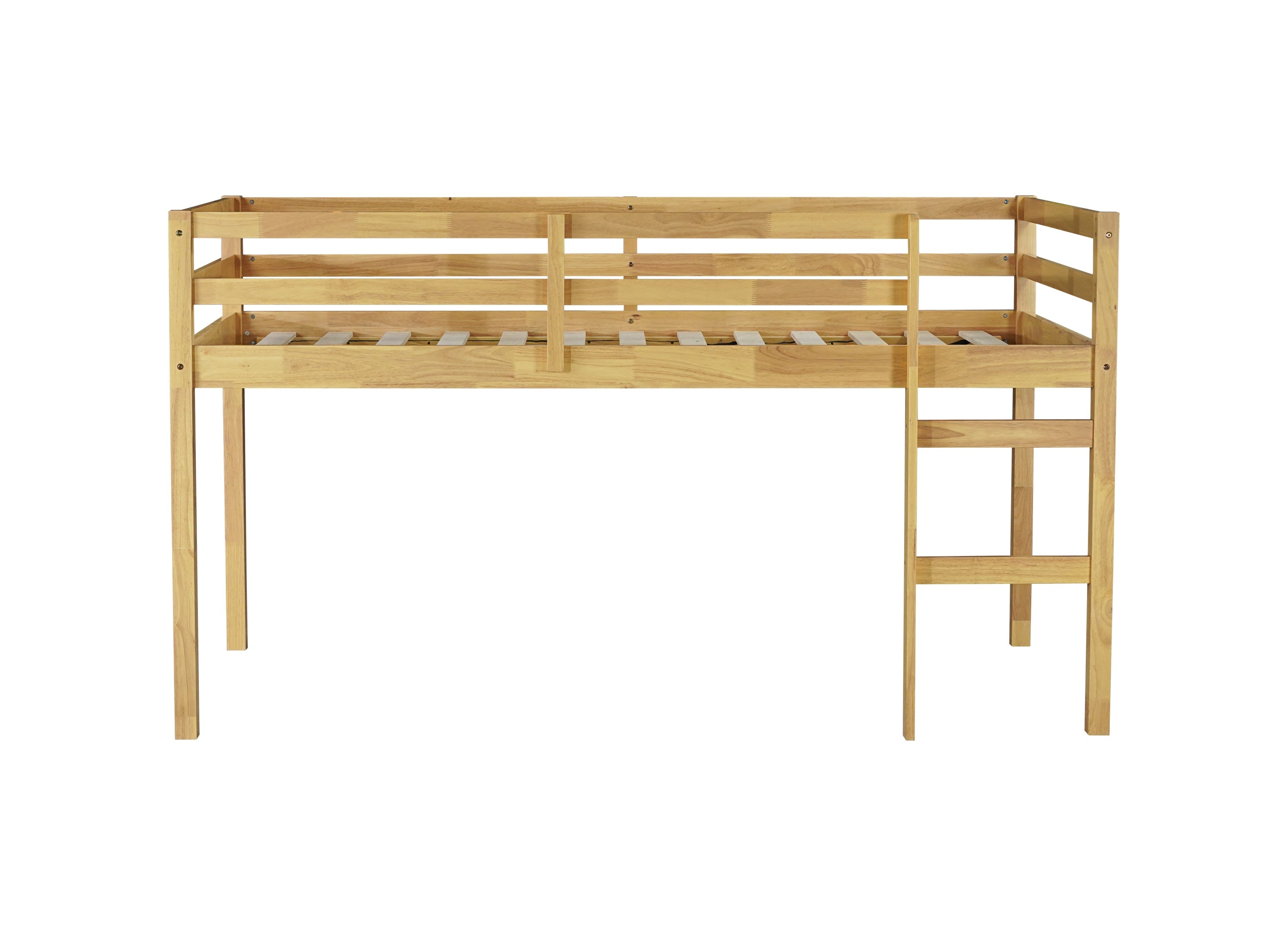 Solid Wooden, Rubber Wooden Twin Loft Bed with Ladder, Bed Platform of Strengthened Slats, Natural