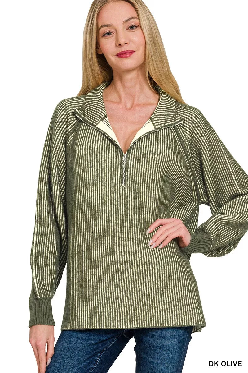 Zenana Ribbed Two Tone Half Zip Sweater