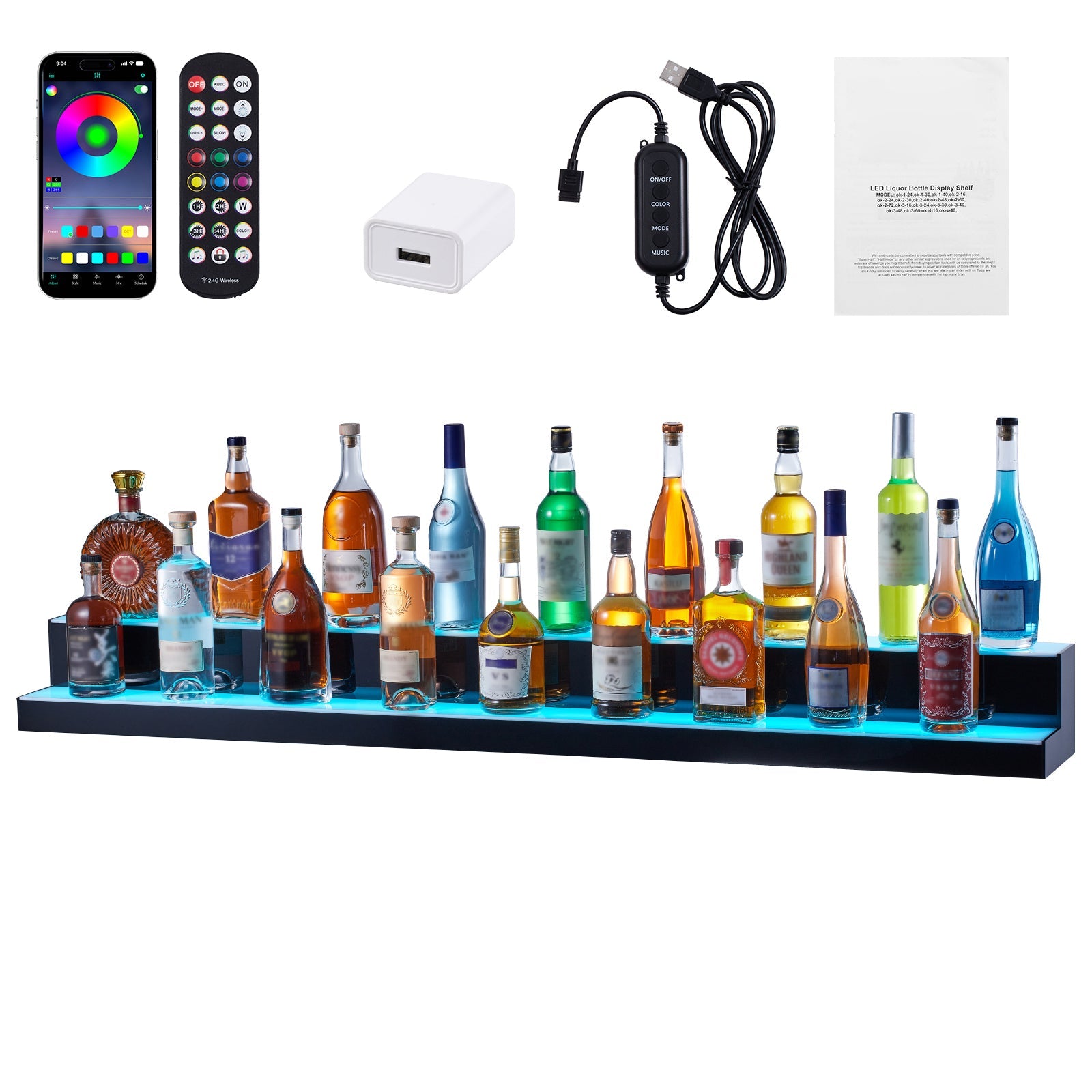 LED Lighted Liquor Bottle Display Bar Shelf RF & App Control 60' 2-Step