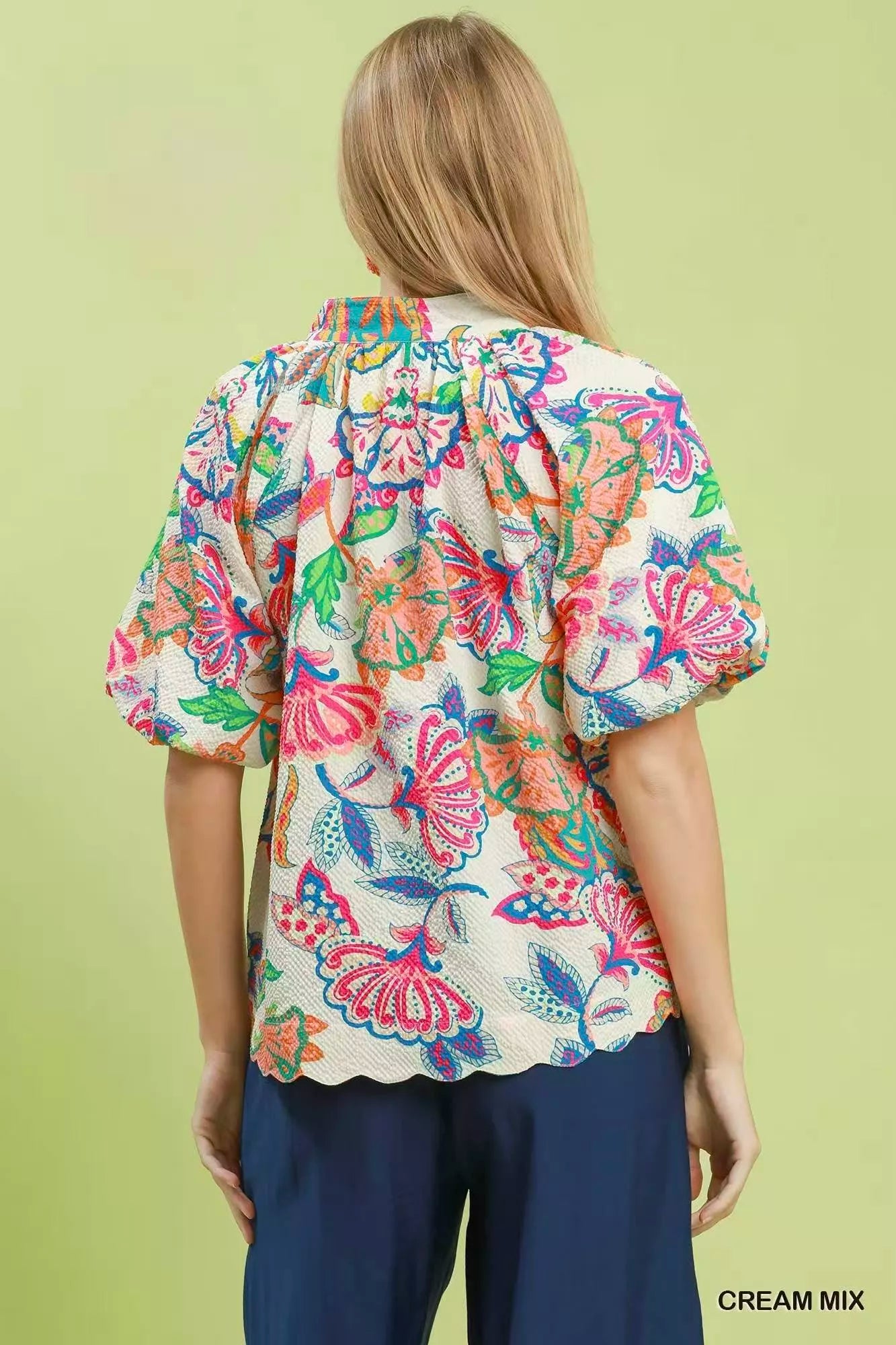 Umgee Mix Floral Print Scallop Hem Blouse