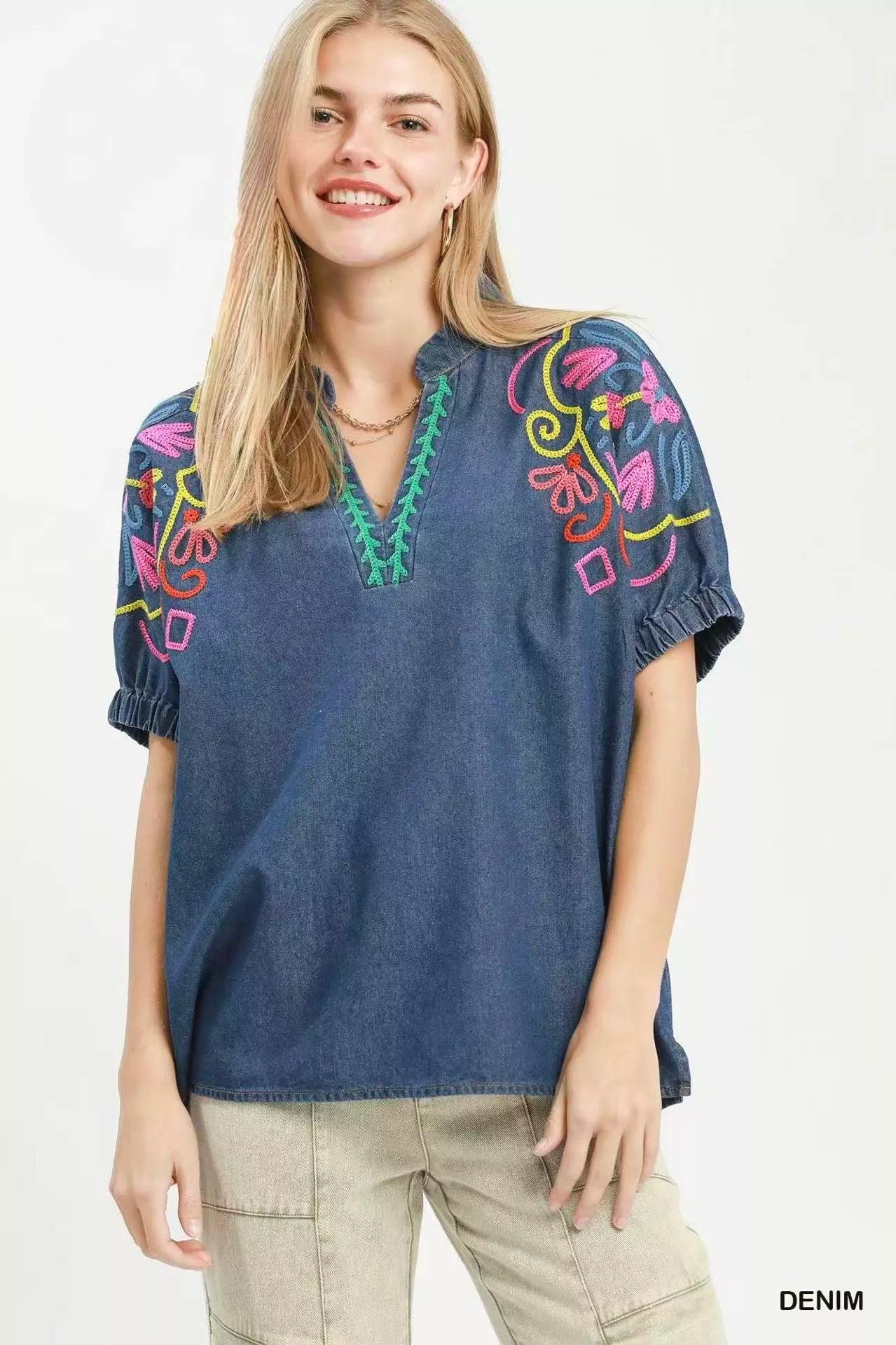 Umgee Embroidered Denim Puff Sleeve Top