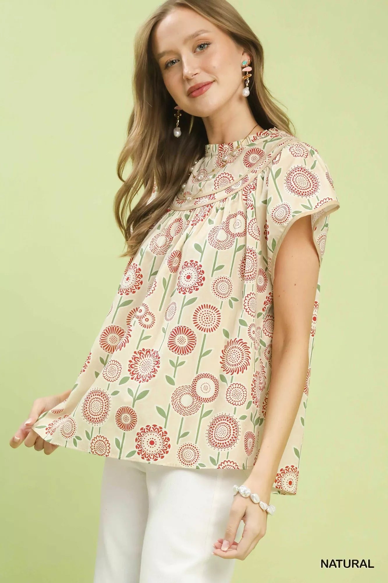 Umgee Retro Floral Smocked Babydoll Blouse