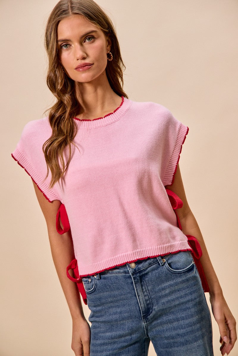 SO ME Lightweight Sweater Dolman Side Ribbon Tie Top