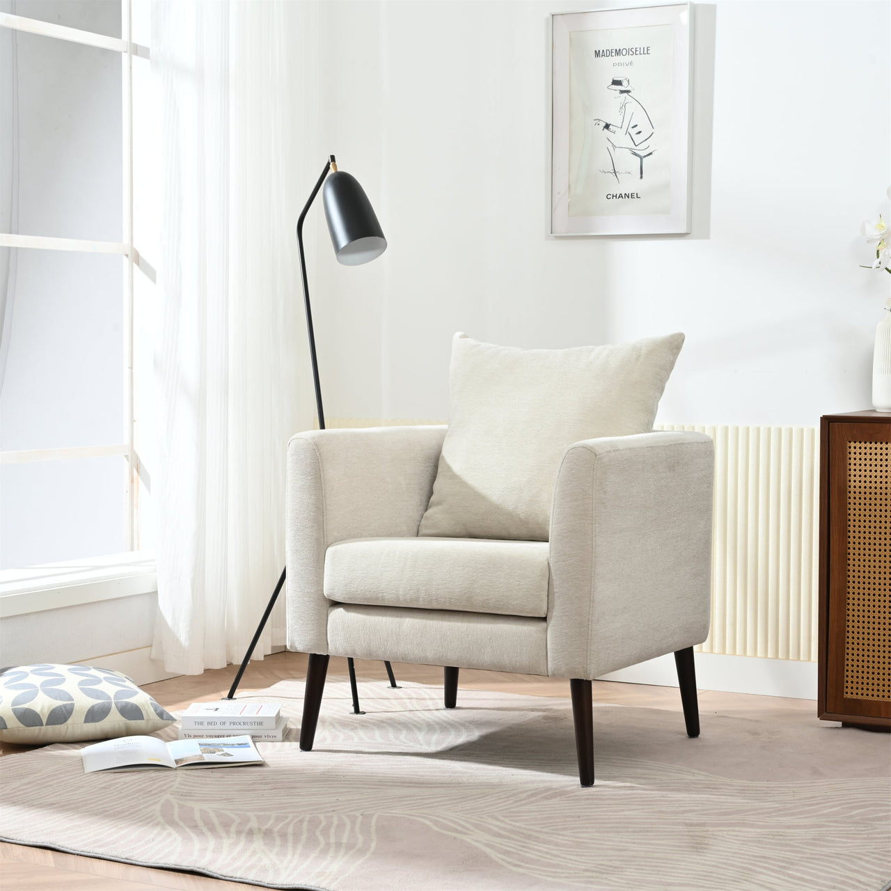 Modern Chenille Accent Chair, Upholstered Armchair for Living Room, Mid Century Fabric Lounge Chair w/Pillow, Comfortable Reading Chair with Wood Legs for Living Room, Bedroom, Reception Room (Beige)