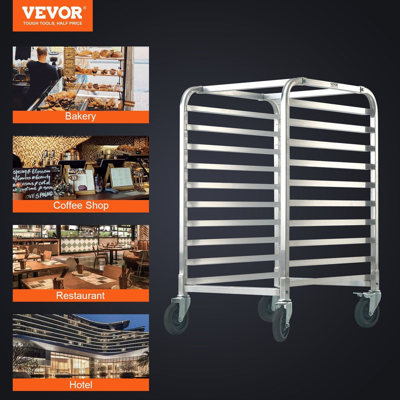 Bun Pan Rack, 10-Tier Commercial Bakery Racks with Brake Wheels, Aluminum Racking Trolley Storage for Half & Full Sheet, Speed Rack For Kitchen Home, Bread Baking Equipment, 26'L x 20.3'W x 39'H
