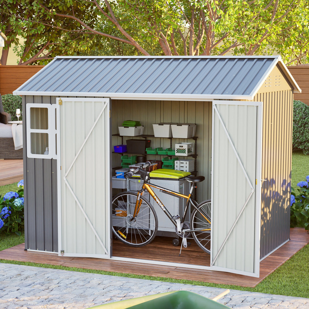 8'x6' Large Steel Storage Shed with Window, Lockable Doors & Sloped Roof, Heavy Duty Outdoor Tool Shed for Garden, Patio, Backyard, Lawn - Dark Gray