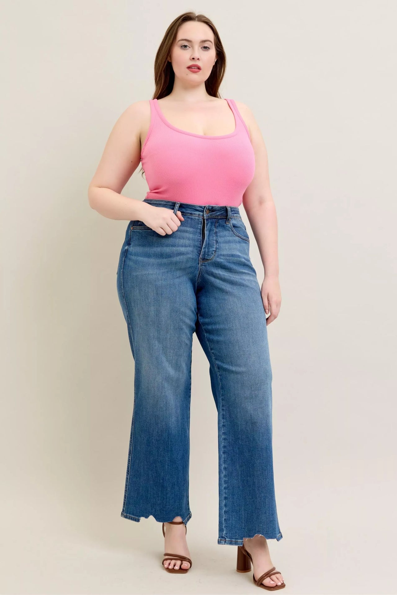 Judy Blue Full Size High Waist Tummy Control Chew Hem Destroyed Wide Jeans Plus Size