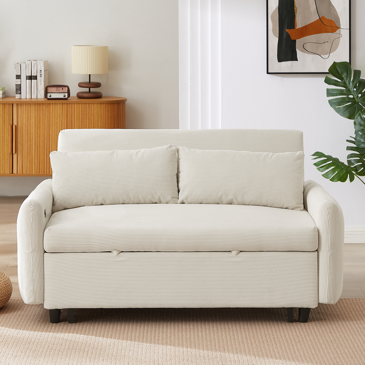 Modern Convertible Pull-out Sofa Bed with USB Ports and Pillows, Beige Corduroy, 57.48 inches
