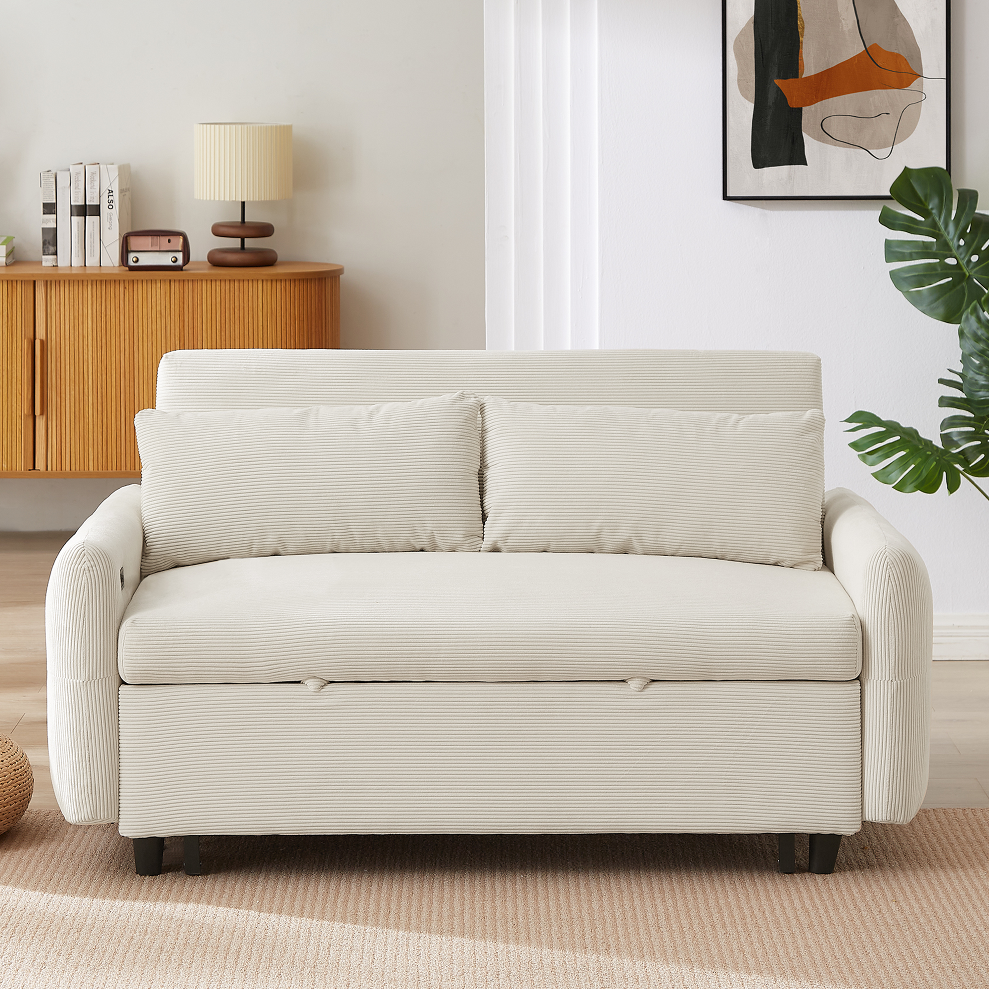 Modern Convertible Pull-out Sofa Bed with USB Ports and Pillows, Beige Corduroy, 57.48 inches