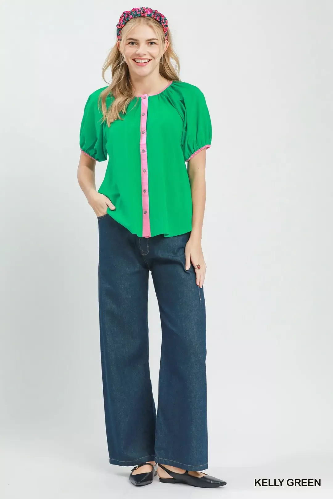 Umgee Contrast Trim Button Front Puff Sleeve Blouse