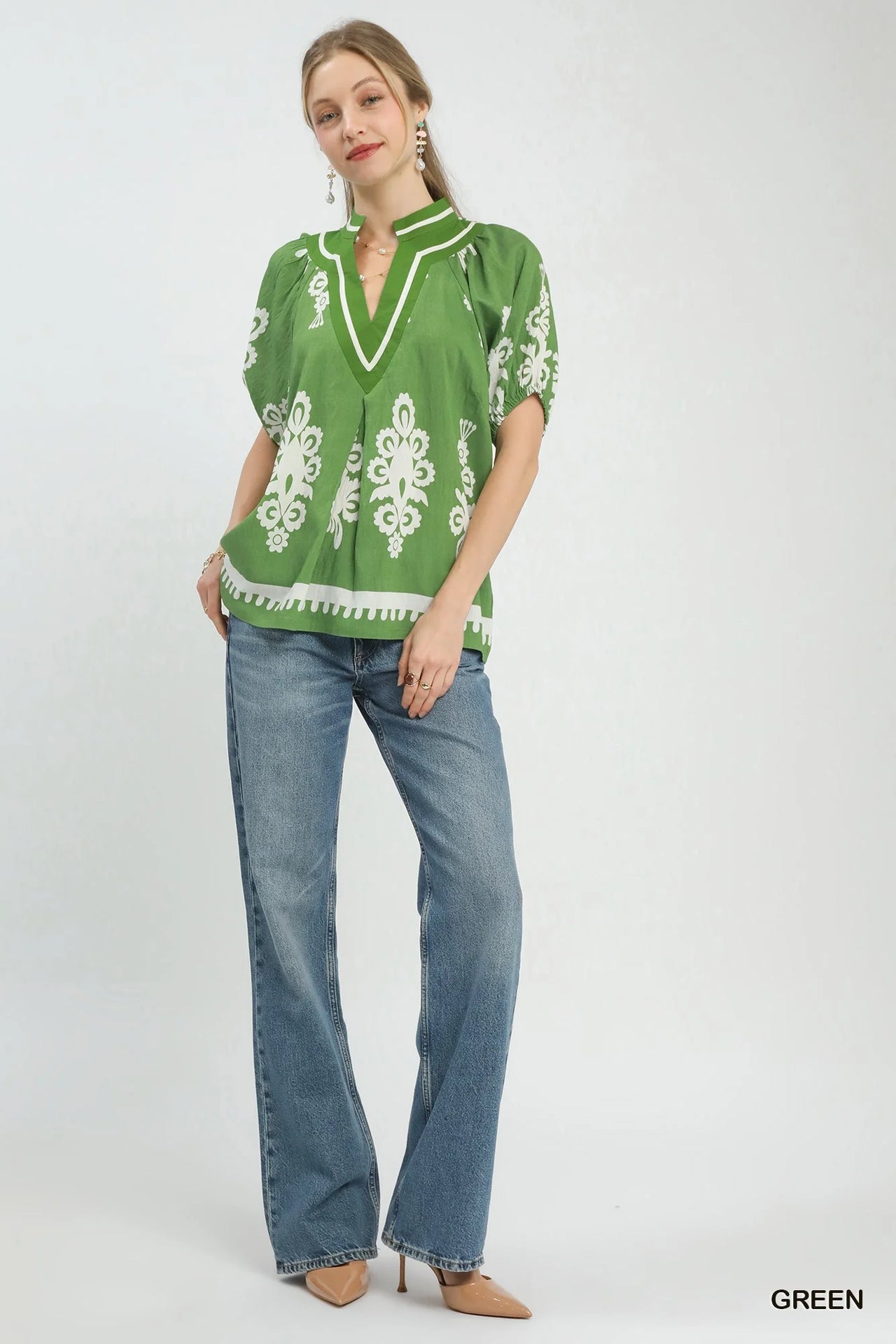 Umgee Boho Print Split-Neck Short Sleeve Top