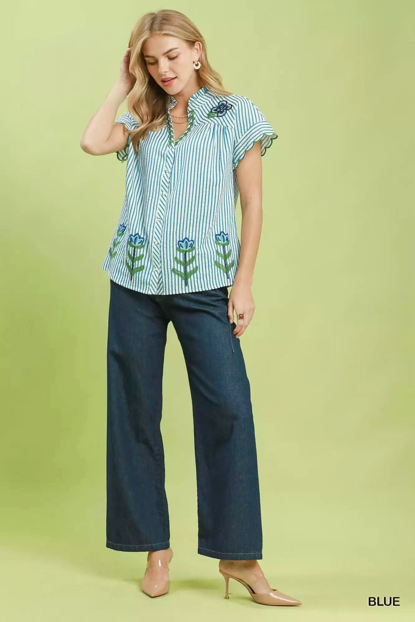 Umgee Embroidered Stripe Button Front Top