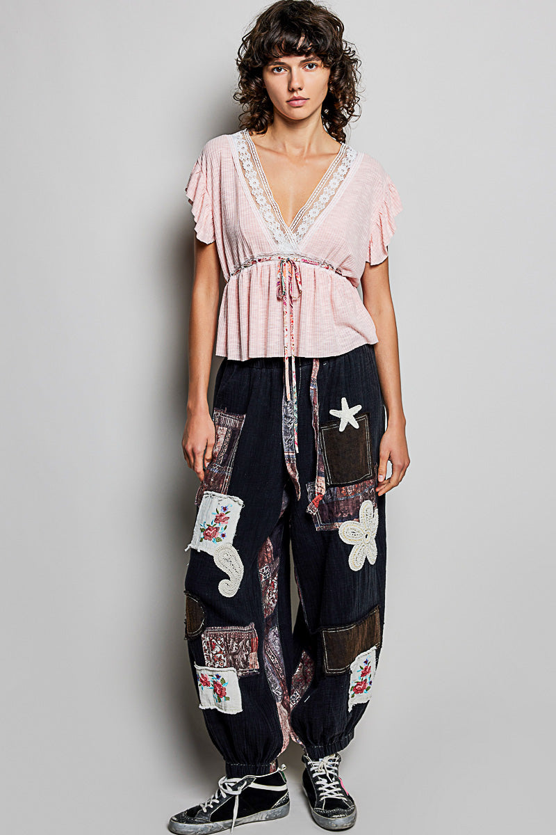 POL Tied Ruffled V-Neck Short Sleeve Blouse with Lace Detail