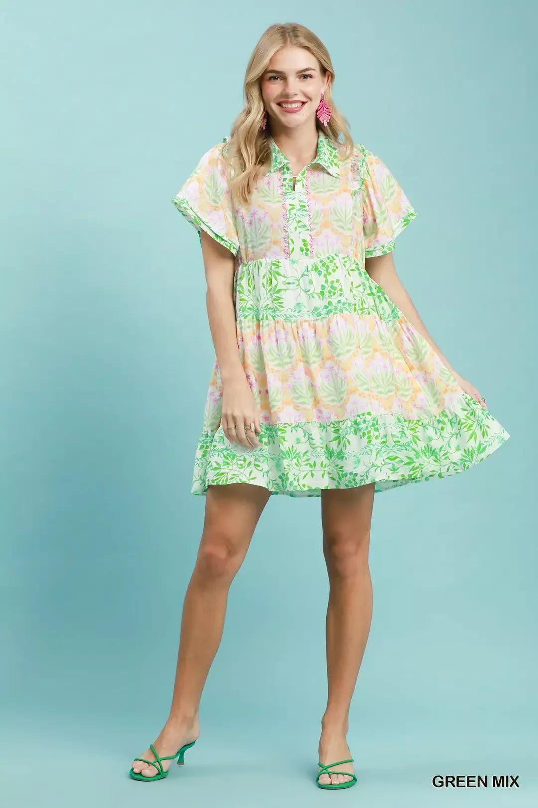Umgee Mixed Floral Tiered Mini Dress with Flutter Sleeves