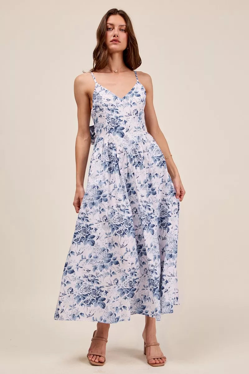 SO ME Floral Woven V Neck Dress With Back Ribbon Tie