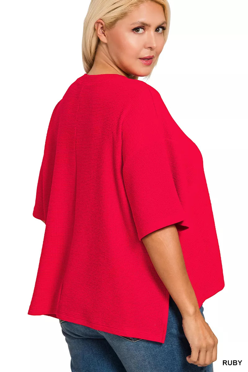 Zenana Full Size Double Knit Side Slits Hi Low Short Sleeve Top Plus Size