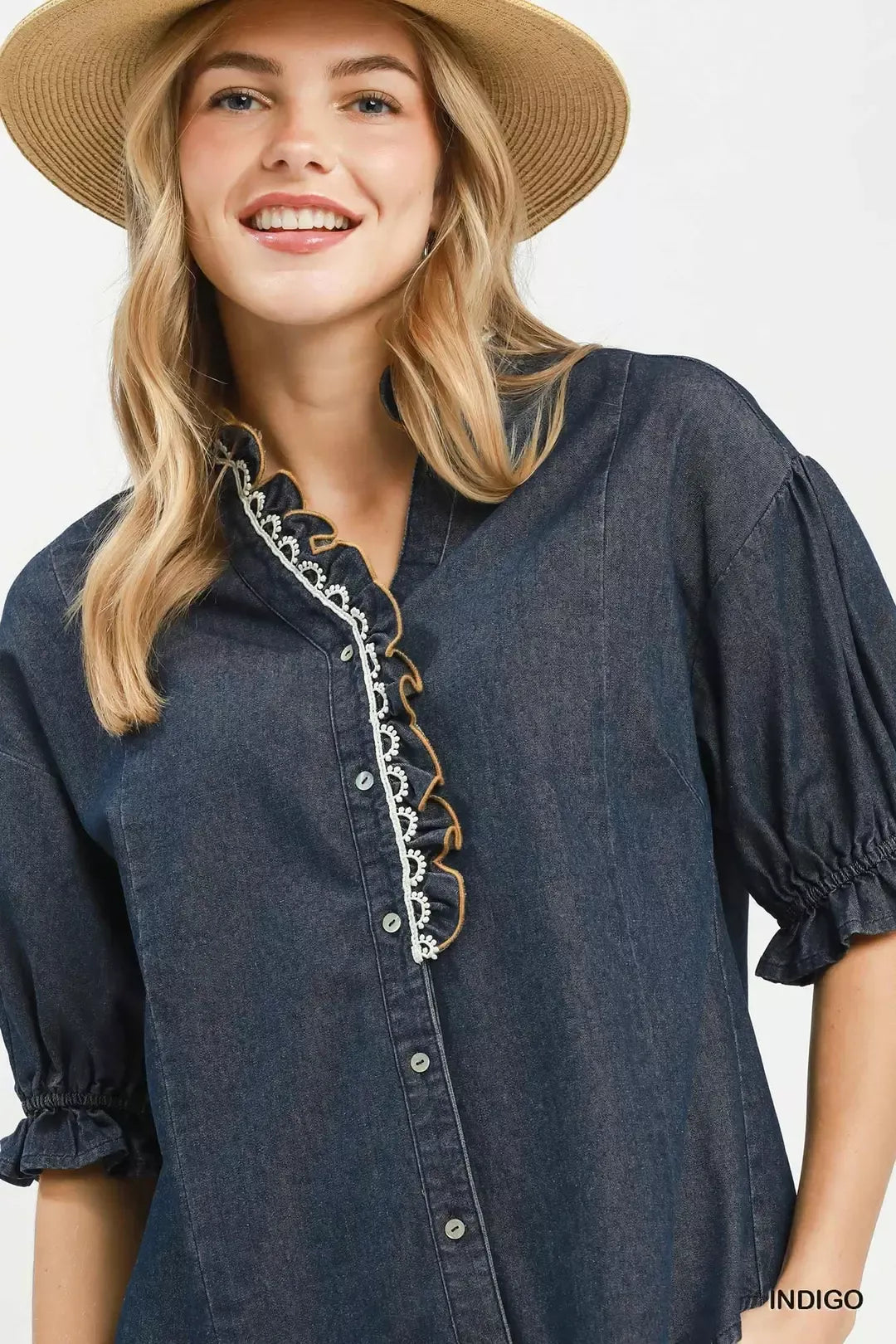 Umgee Chambray Scalloped Trim Button Front Blouse