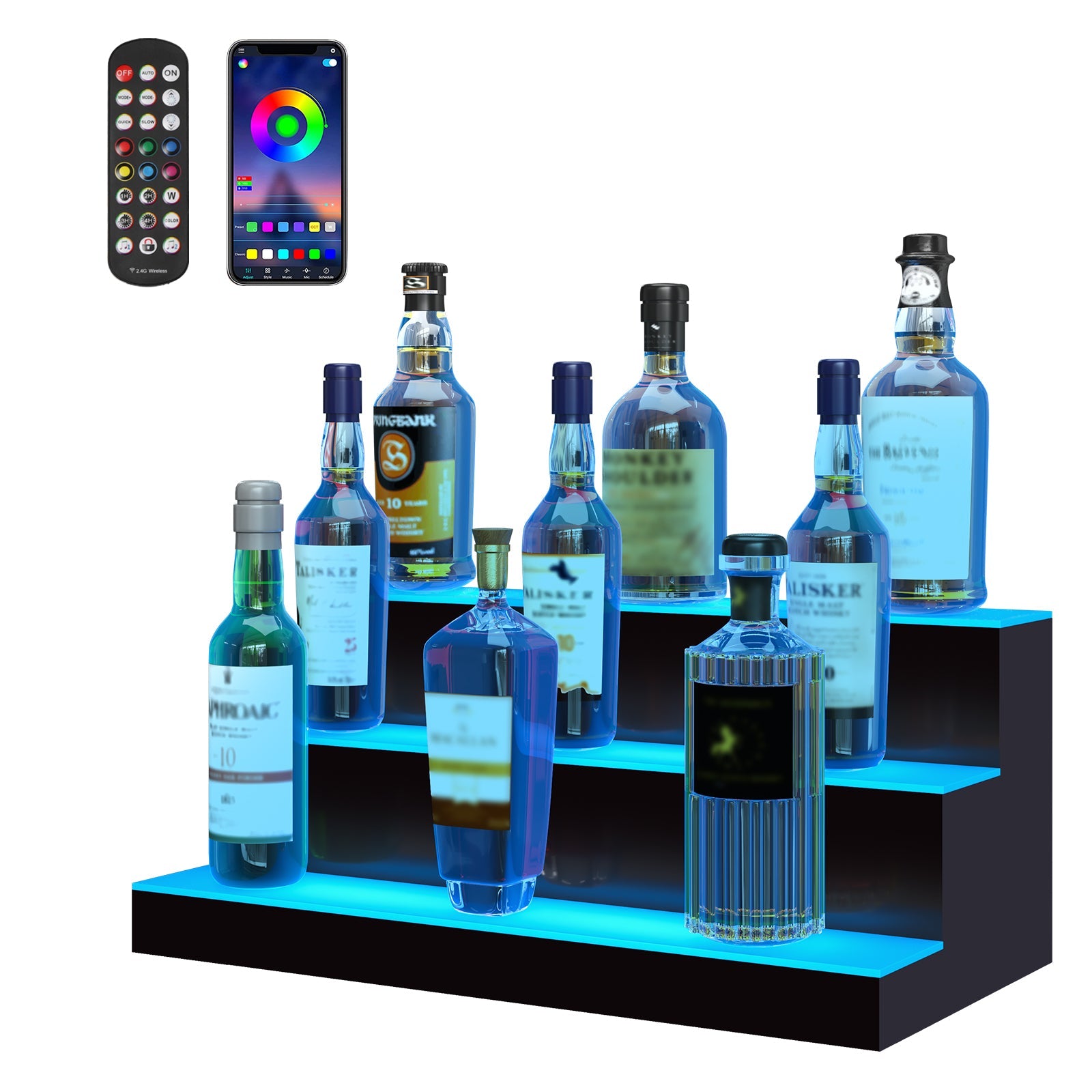 LED Lighted Liquor Bottle Display Bar Shelf RF & App Control 24' 3-Step