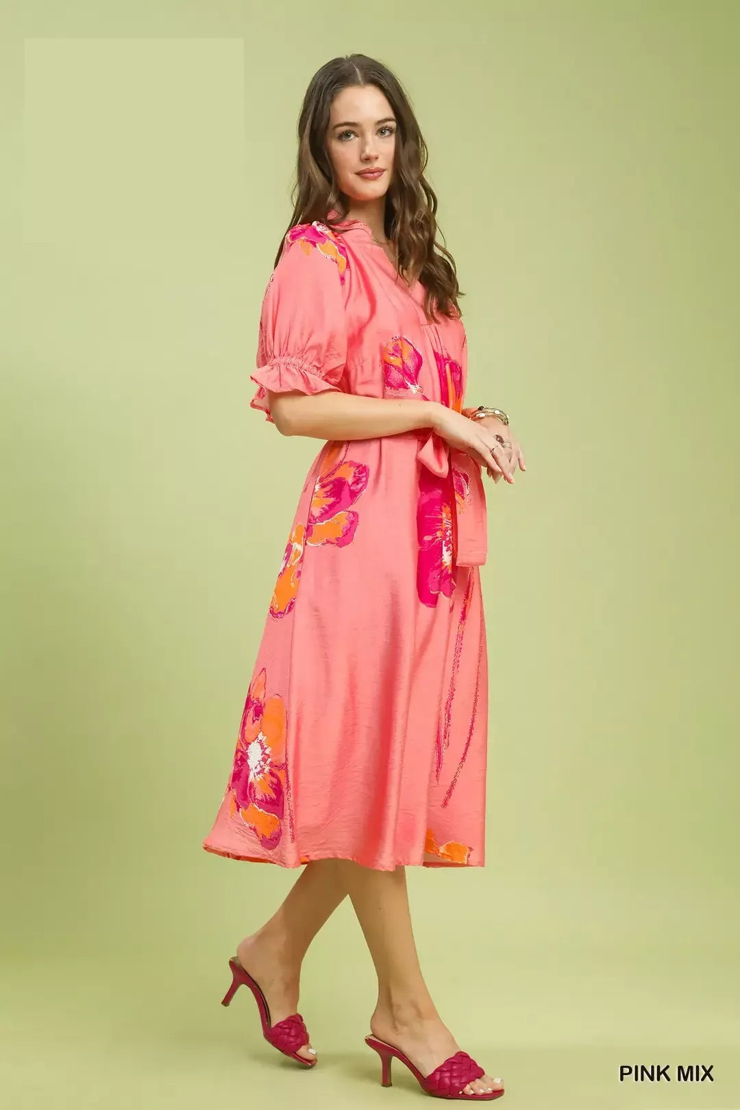 Umgee Floral Flounce Sleeve Midi Dress with Belted