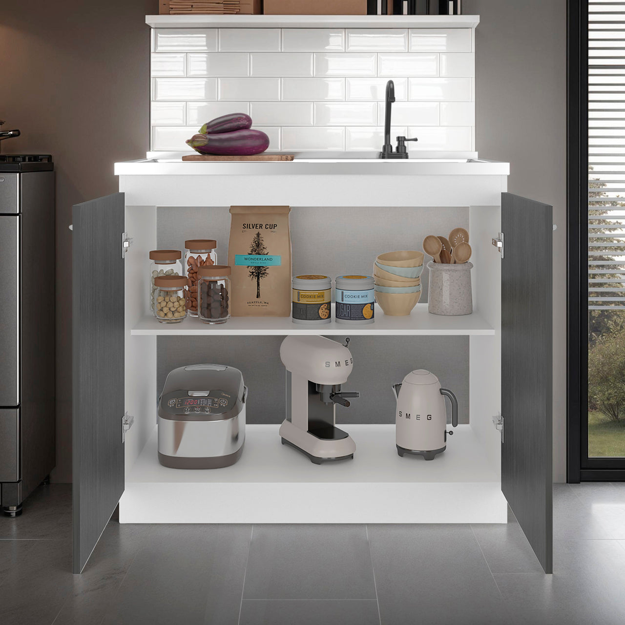 Salento Freestanding Sink, Double Door Cabinet, White / Smokey Oak
